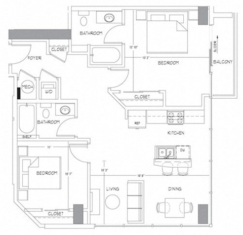 Floor plan for 2 beds, 2 baths, 1007 sqft